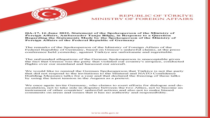 Statement of the Spokesperson of the Ministry of Foreign Affairs, Ambassador Tanju Bilgiç, in Response to a Question Regarding the Statements Made by the Spokesperson of the Ministry of Foreign Affairs of the Federal Republic of Germany